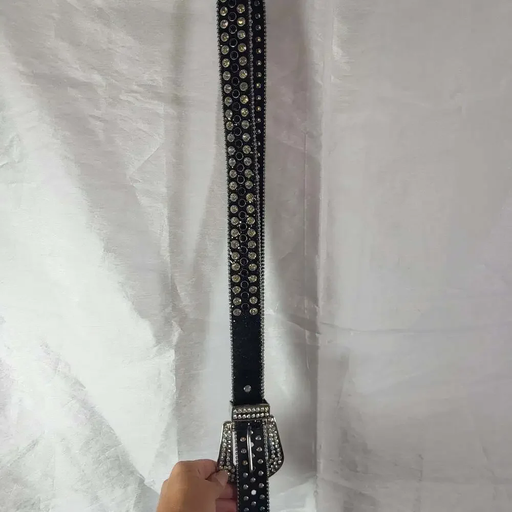 Plus size Black Western Rhinestone and Studded Faux Leather Belt with Ornate Buc